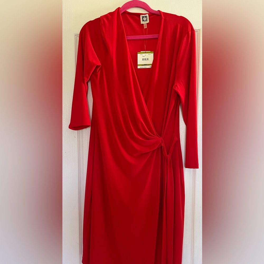 Anne Klein Red Long Sleeve V-Neck Wrap Dress